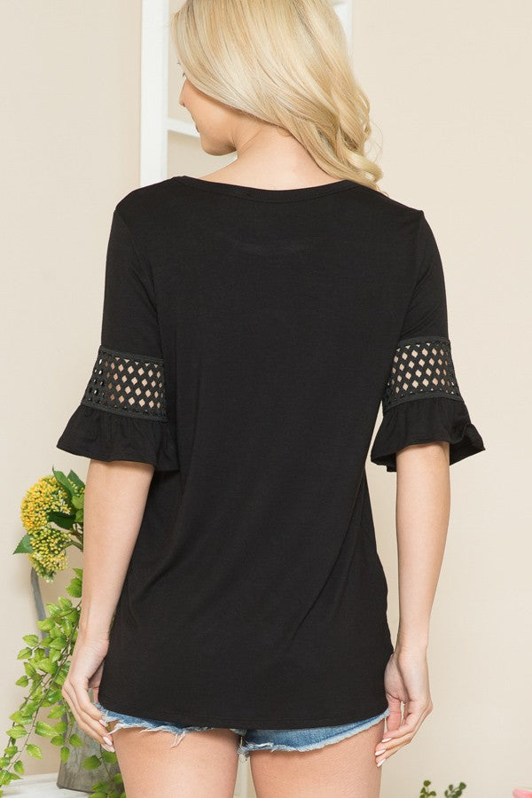 Lattice Band Bell Ruffle Sleeve Top