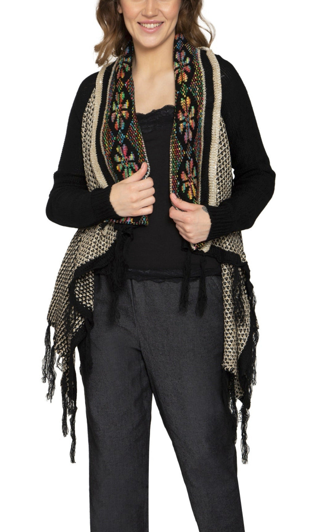 Fringed Jacquard Weave Long Cardigan