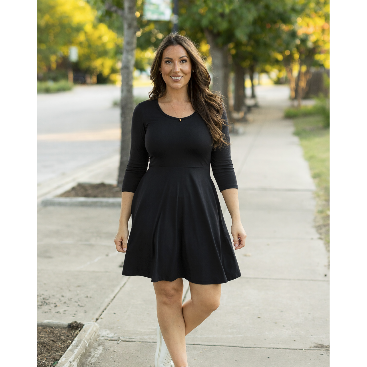 Black 3/4 Sleeve Mid Dress