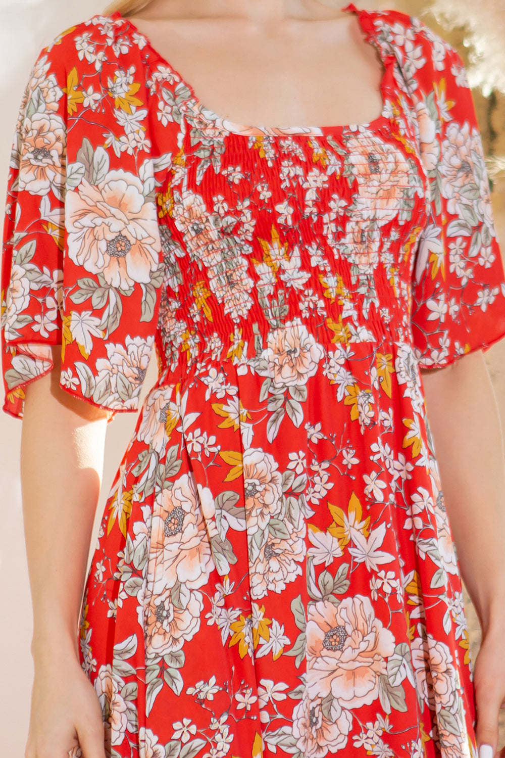 Smocked Floral Dress With Pockets