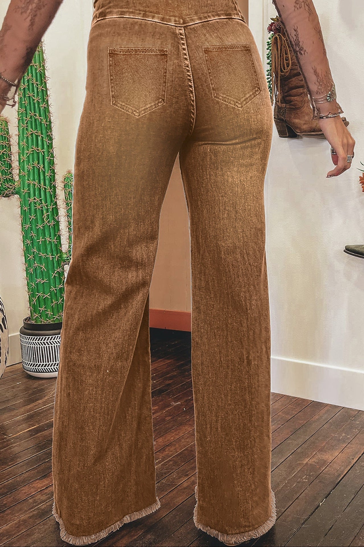 High Waist Button Fly Seamed Raw Hem Flare Jeans Coffee