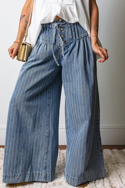 Blue & Stripe Pleated Waist Casual Wide Leg Denim Pants