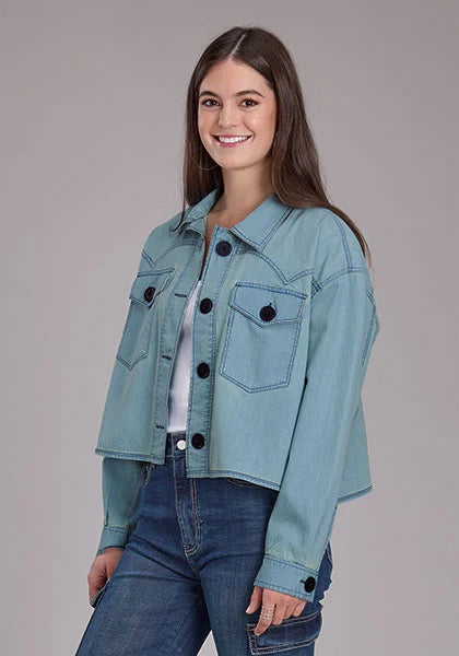 Cropped Elbow Patch Denim Jacket Blue