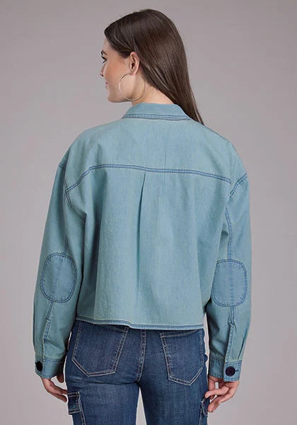 Cropped Elbow Patch Denim Jacket Blue