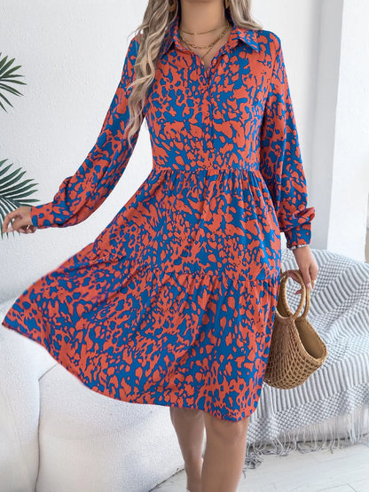 Collared Neck Long Sleeve Print Dress