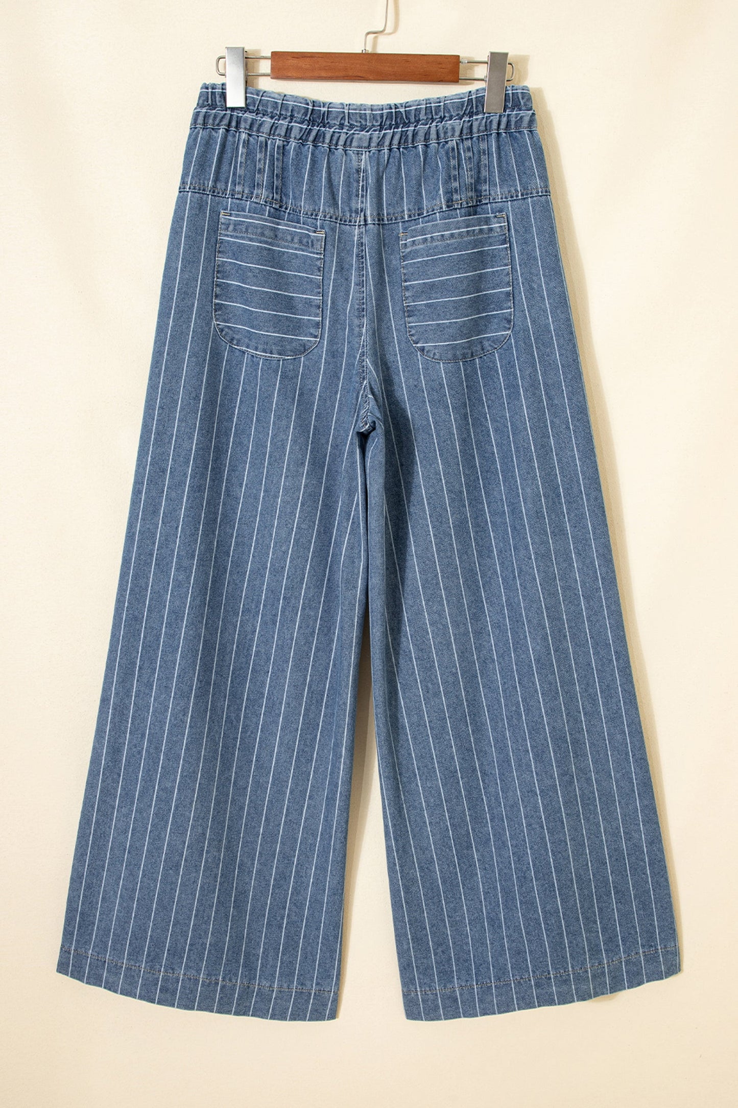 Blue & Stripe Pleated Waist Casual Wide Leg Denim Pants