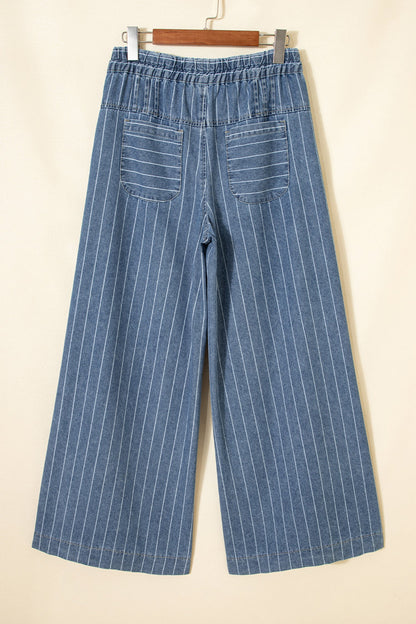 Blue & Stripe Pleated Waist Casual Wide Leg Denim Pants