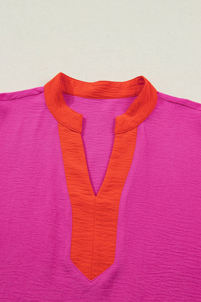 Color Block Wide Short Sleeve Blouse