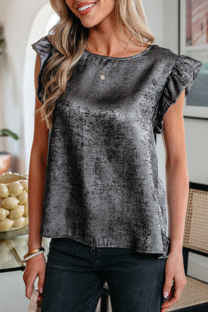 Metallic Round Neck Ruffle Trim Sleeveless Top