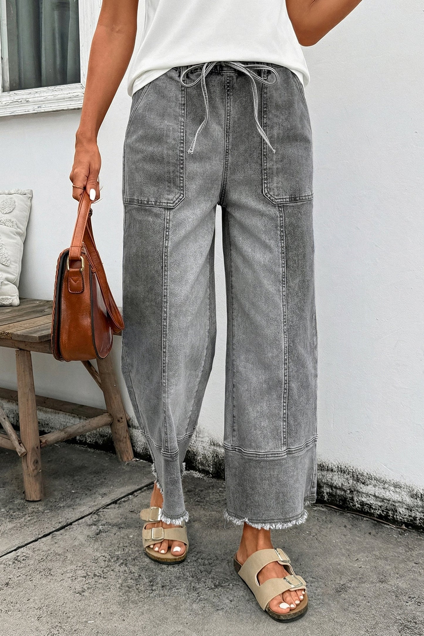 Fray Hem Wide Leg Denim Pants