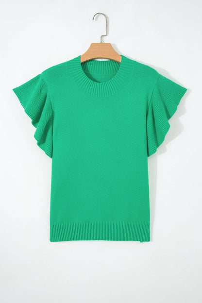Ruffle Short Sleeve Sweater Top Green