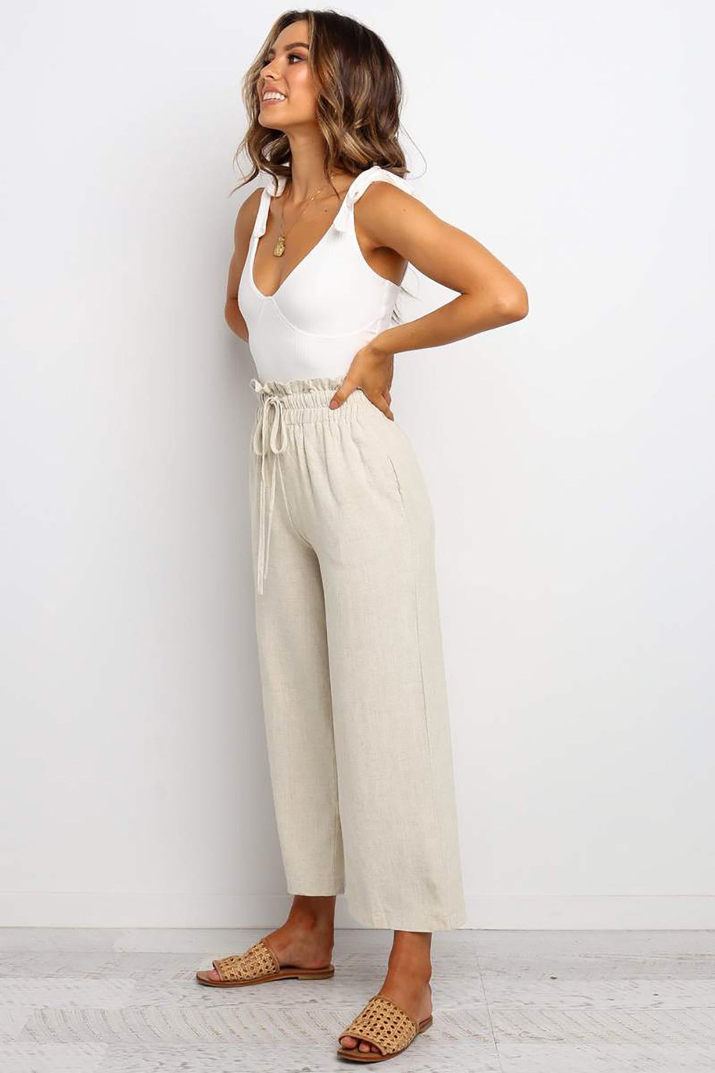 Khaki Straight Leg Cropped Pants