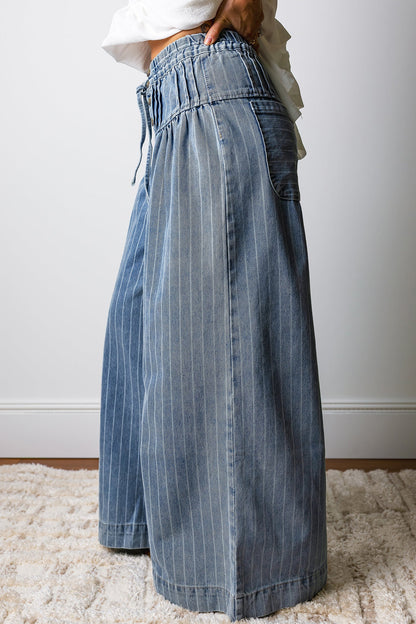 Blue & Stripe Pleated Waist Casual Wide Leg Denim Pants