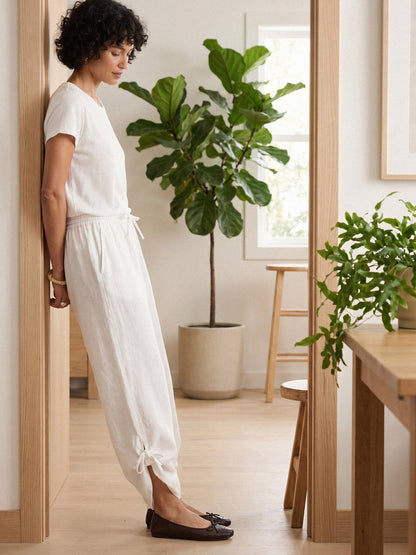 Linen Convertible Drawstring Hem Wide-Leg Pants