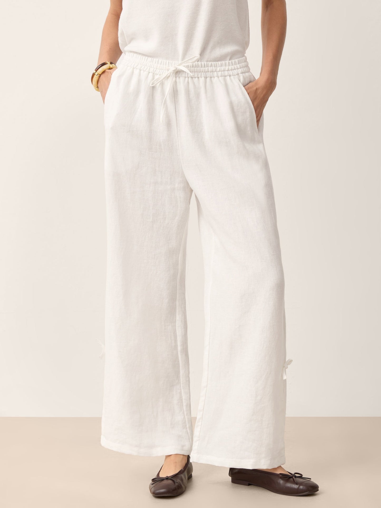 Linen Convertible Drawstring Hem Wide-Leg Pants