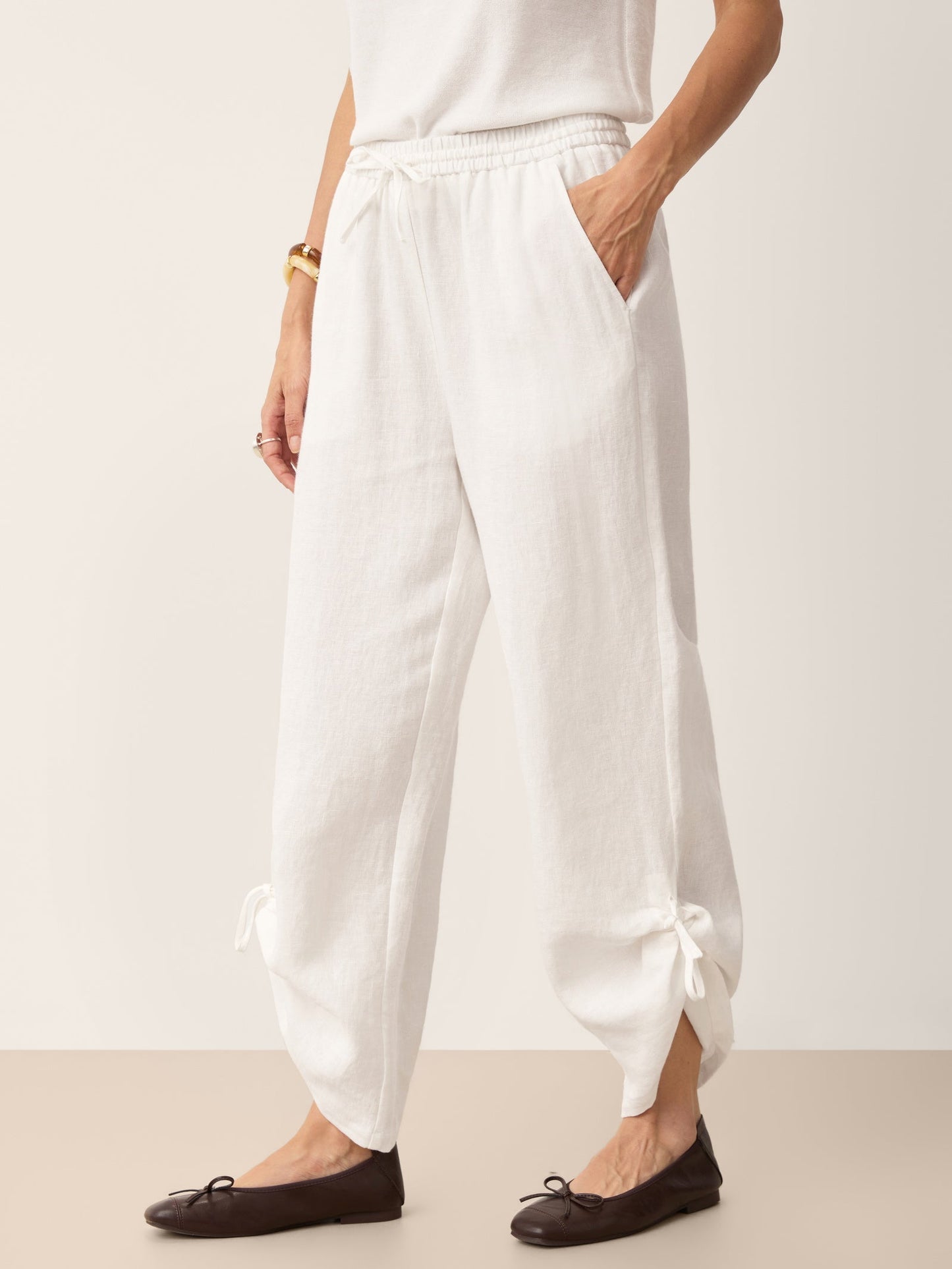 Linen Convertible Drawstring Hem Wide-Leg Pants