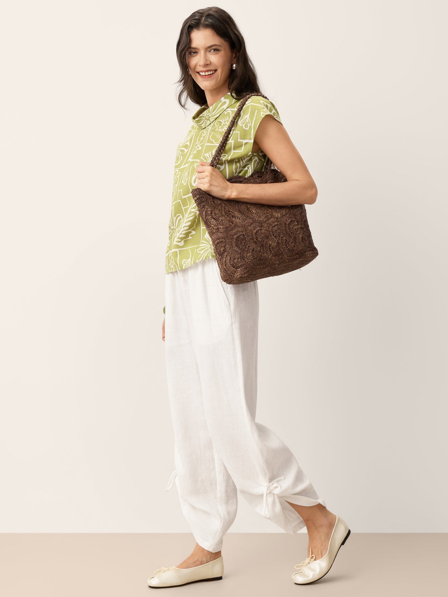 Linen Convertible Drawstring Hem Wide-Leg Pants