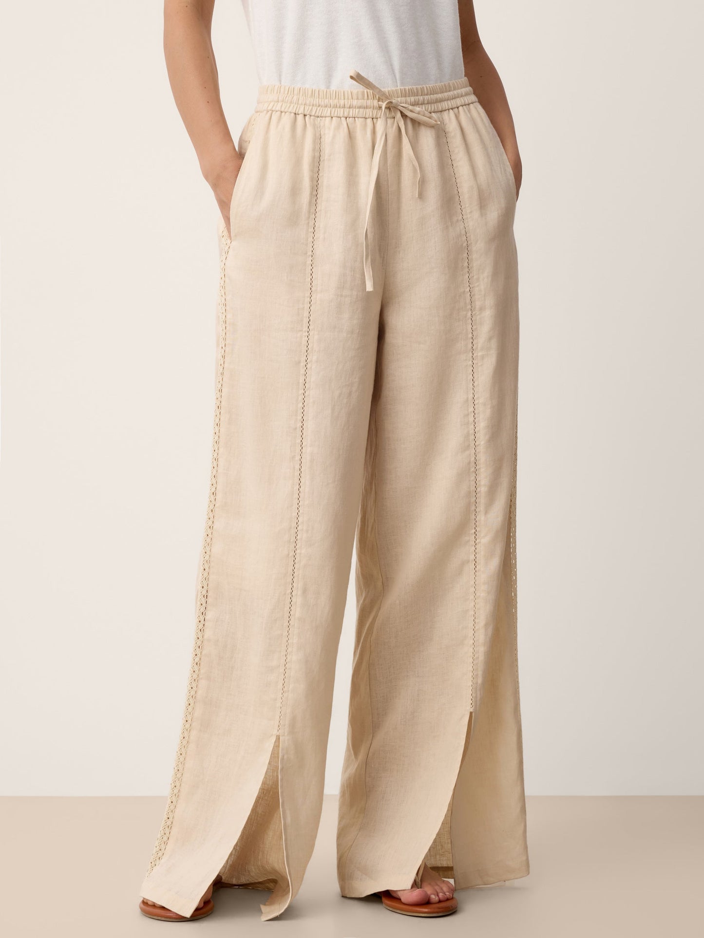 Linen Lace-Panel Split-Hem Pants