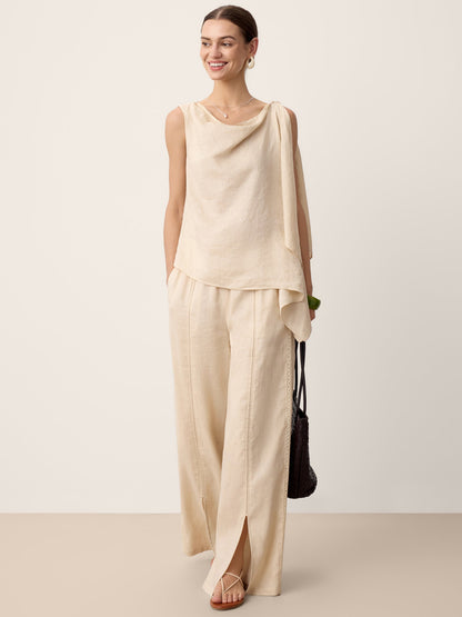 Linen Lace-Panel Split-Hem Pants
