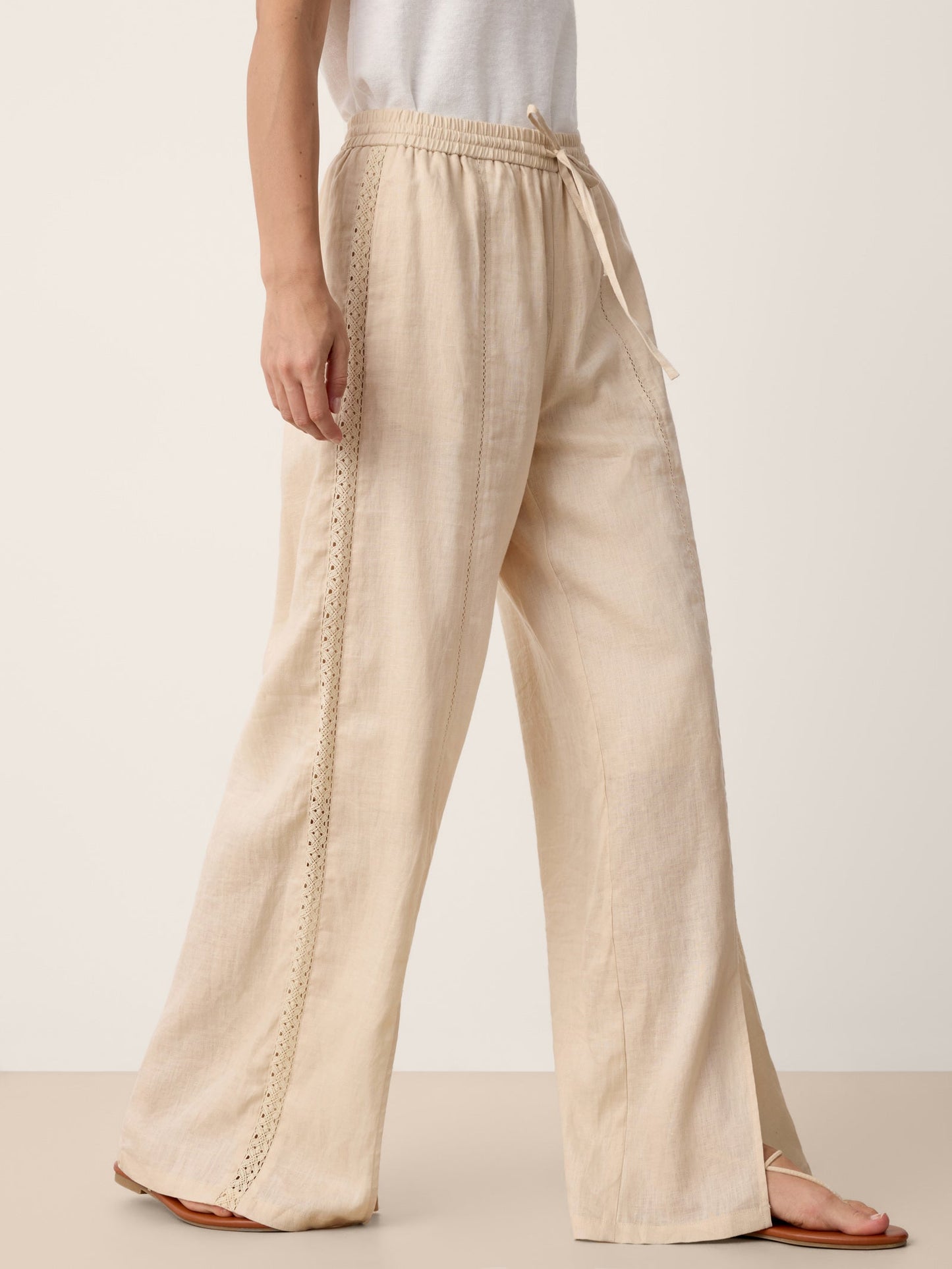 Linen Lace-Panel Split-Hem Pants