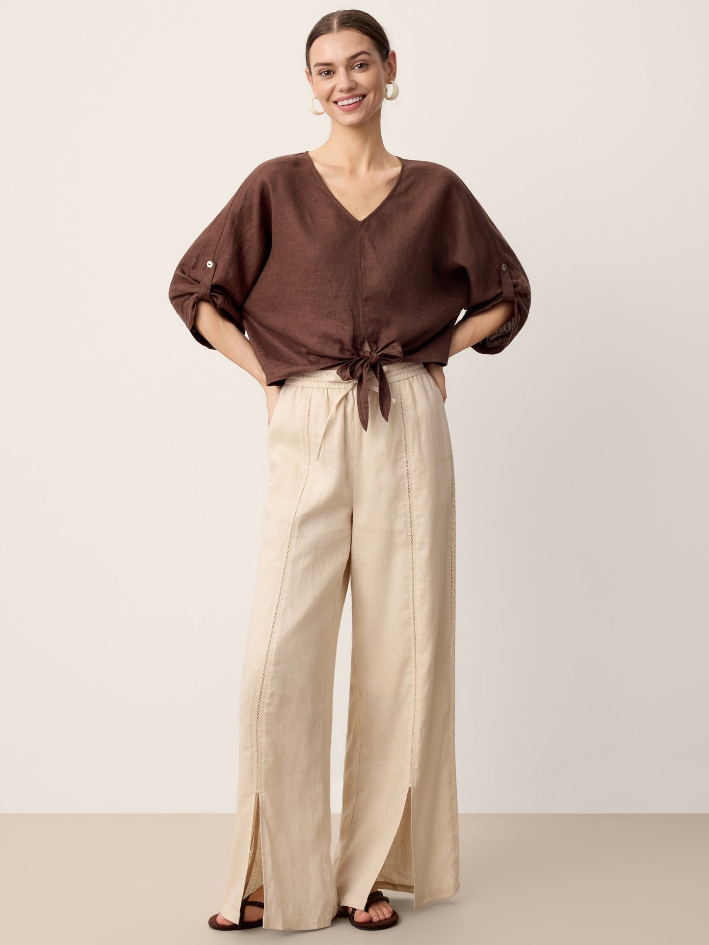 Linen Lace-Panel Split-Hem Pants