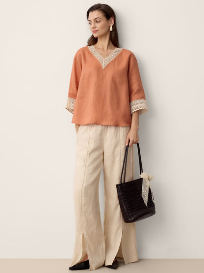 Linen Lace-Panel Split-Hem Pants