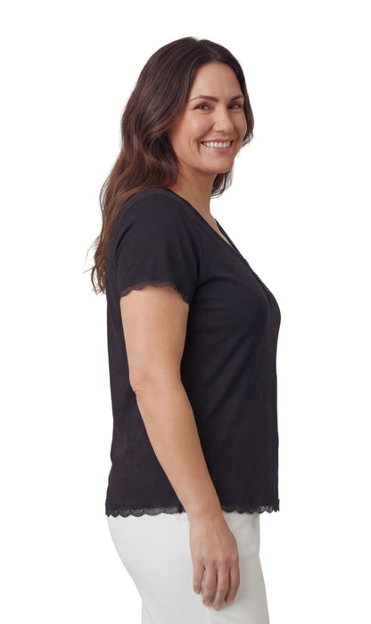 Short Sleeve V-Neck Henley Placket Tee