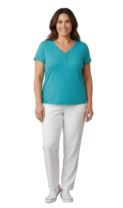 Short Sleeve V-Neck Henley Placket Tee