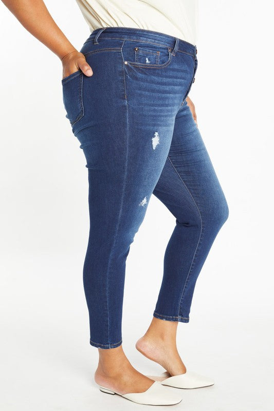 Curvy Destructed Button Fly Skinny Jean