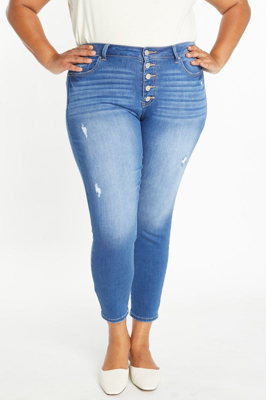 Curvy Destructed Button Fly Skinny Jean