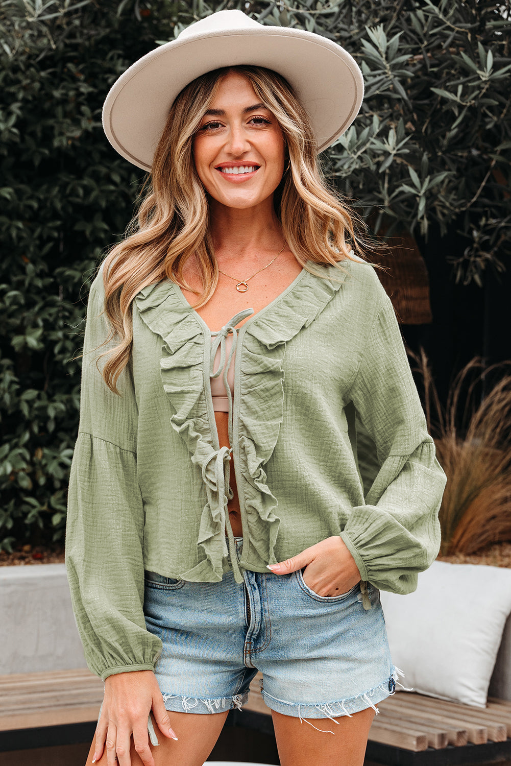 Meadow Mist Green Bow Tie Front V-Neck Gauze Blouse