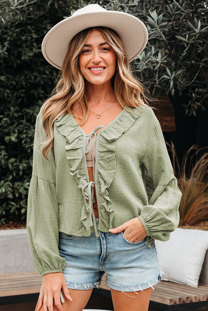 Meadow Mist Green Bow Tie Front V-Neck Gauze Blouse