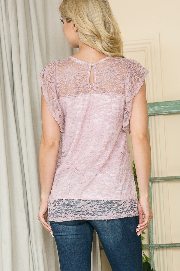 Lace Flutter Sleeve Overlay Top