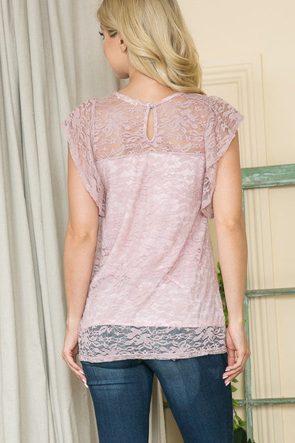 Lace Flutter Sleeve Overlay Top