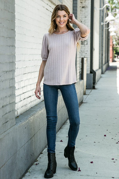 Pointelle Knit Puff Sleeve Top