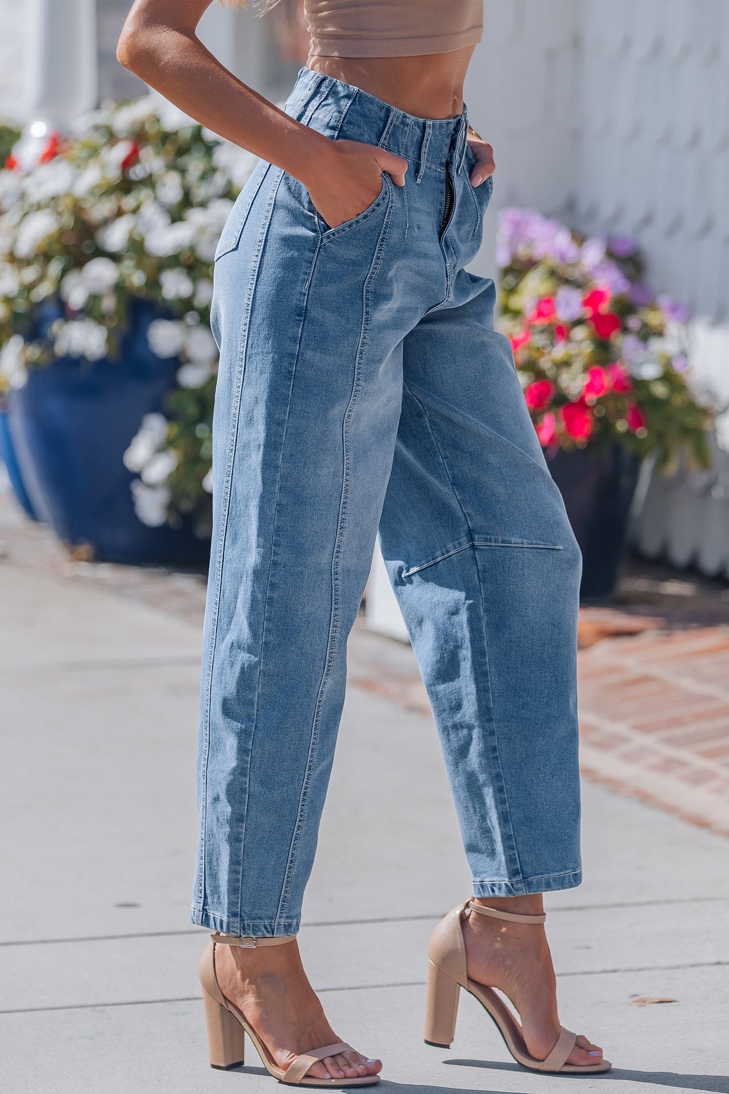 Sky Wash Cuffed Barrel Jeans