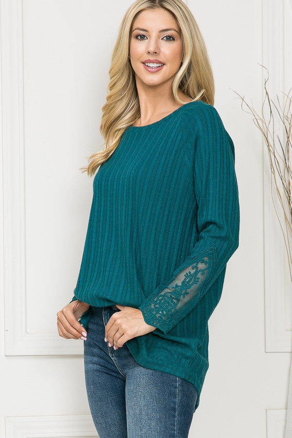 Lace Sleeve Long Knit Top