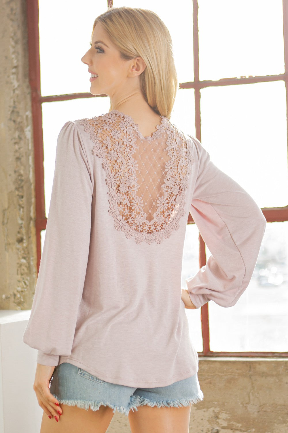 Lace Back Patch Bell Sleeve Jersey Top