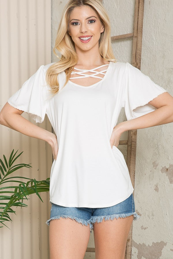 Lattice Neck Flutter Sleeve Top