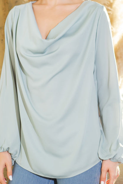 Satin Cowl Neck Long Sleeve Blouse