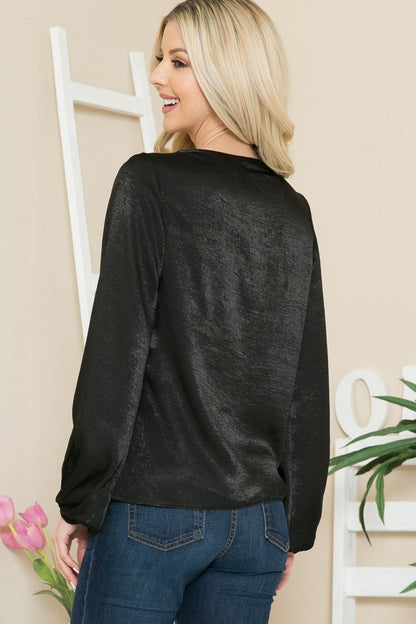 Satin Cowl Neck Long Sleeve Blouse