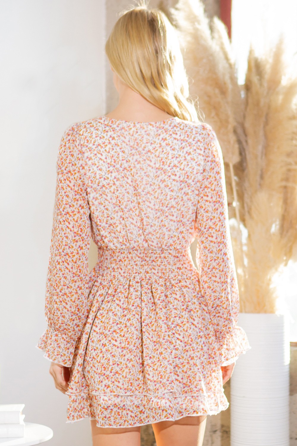 Floral Long Sleeve Short Dress
