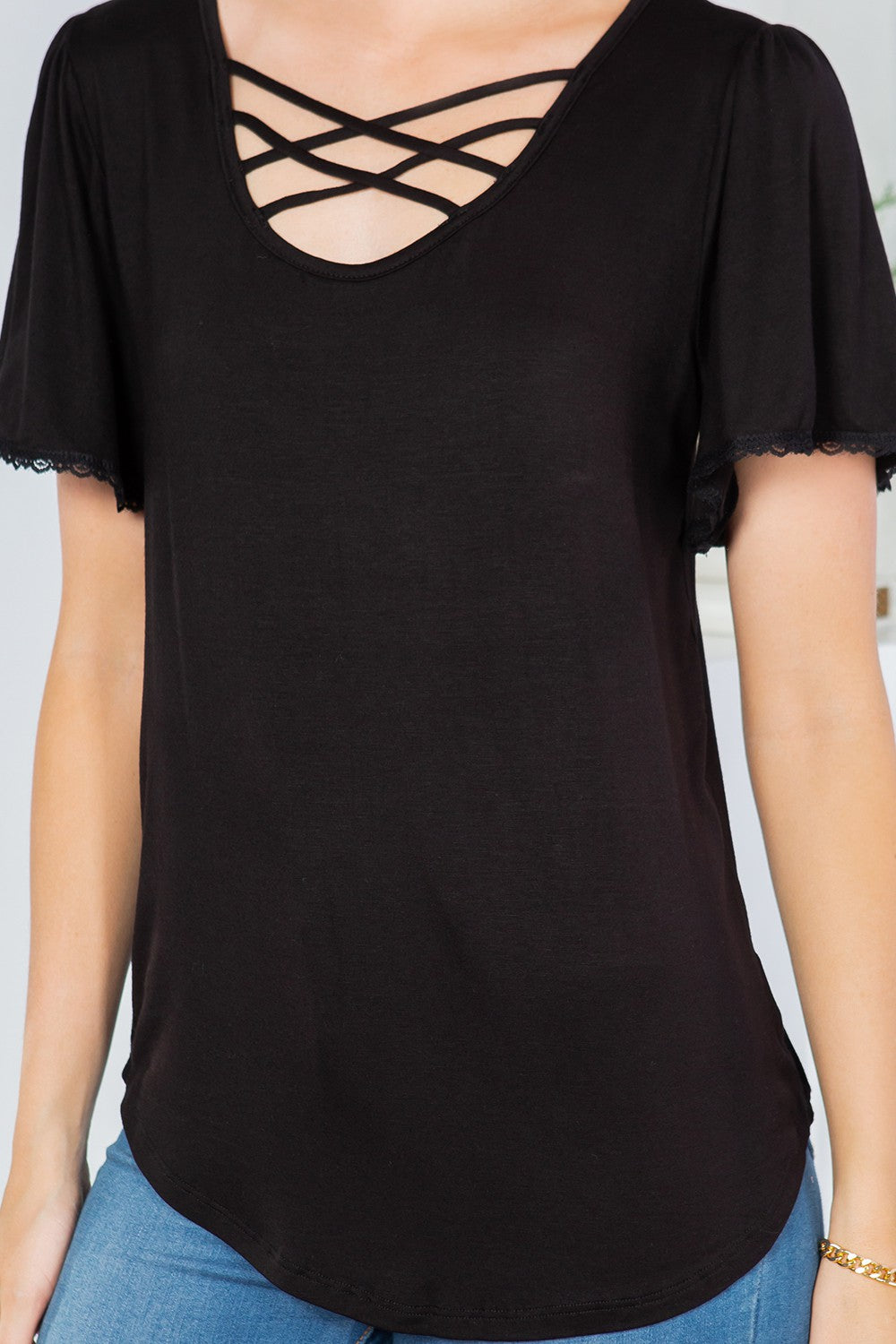 Lattice Neck Flutter Sleeve Top