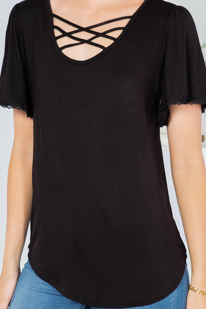 Lattice Neck Flutter Sleeve Top