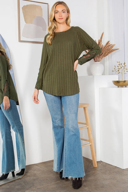 Lace Sleeve Long Knit Top