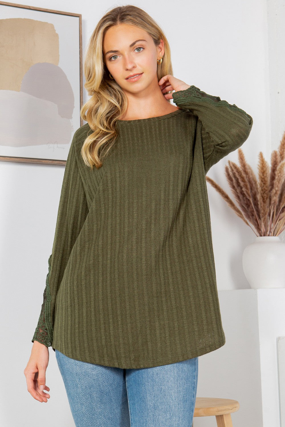 Lace Sleeve Long Knit Top