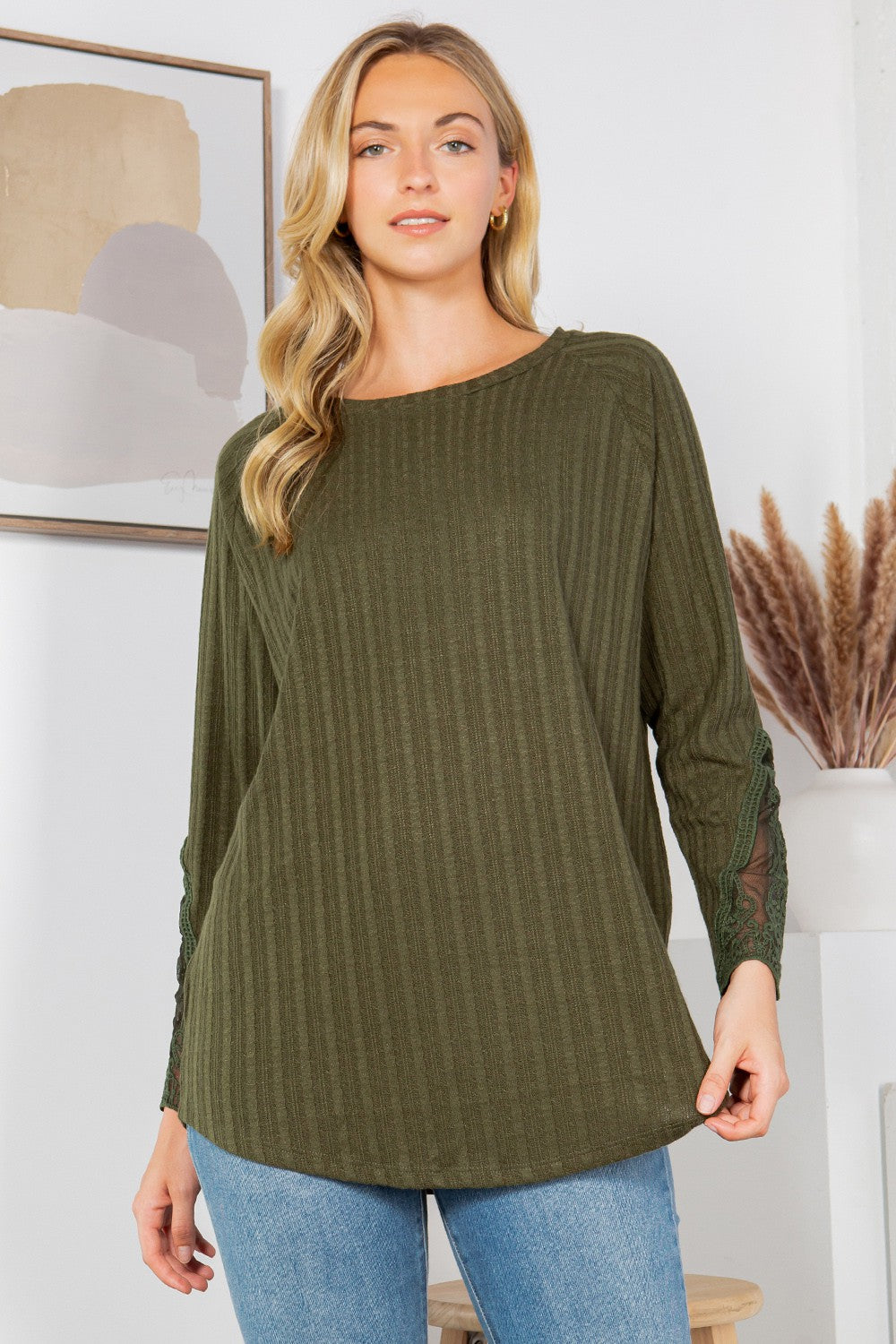 Lace Sleeve Long Knit Top