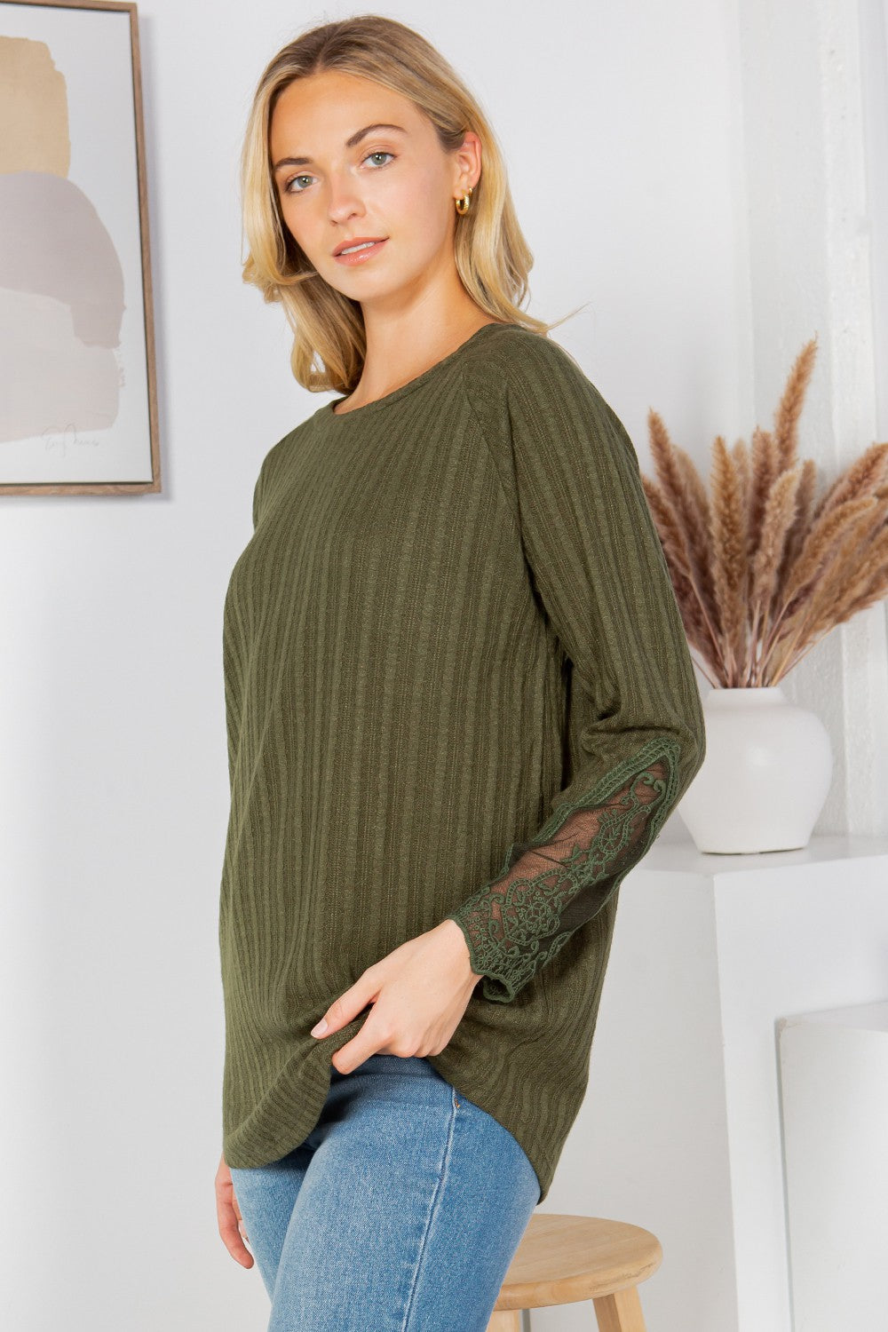 Lace Sleeve Long Knit Top
