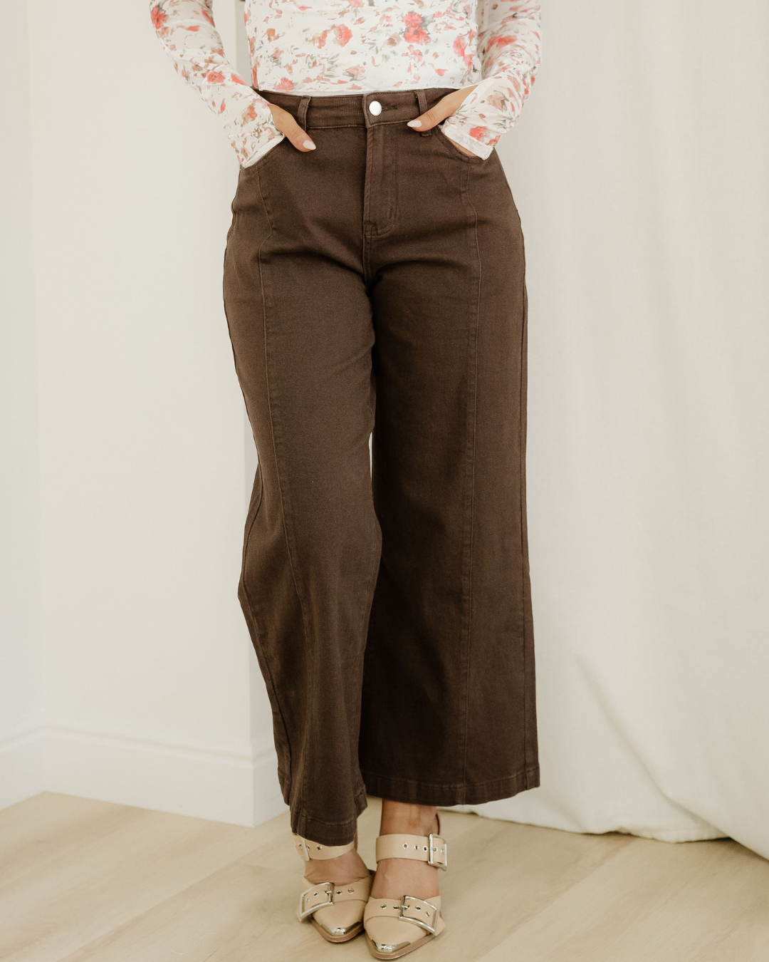 Seamed Center Wide Leg Denim Pants Sandalwood