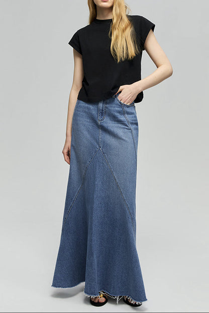 Wave Fit & Flare Long Denim Skirt